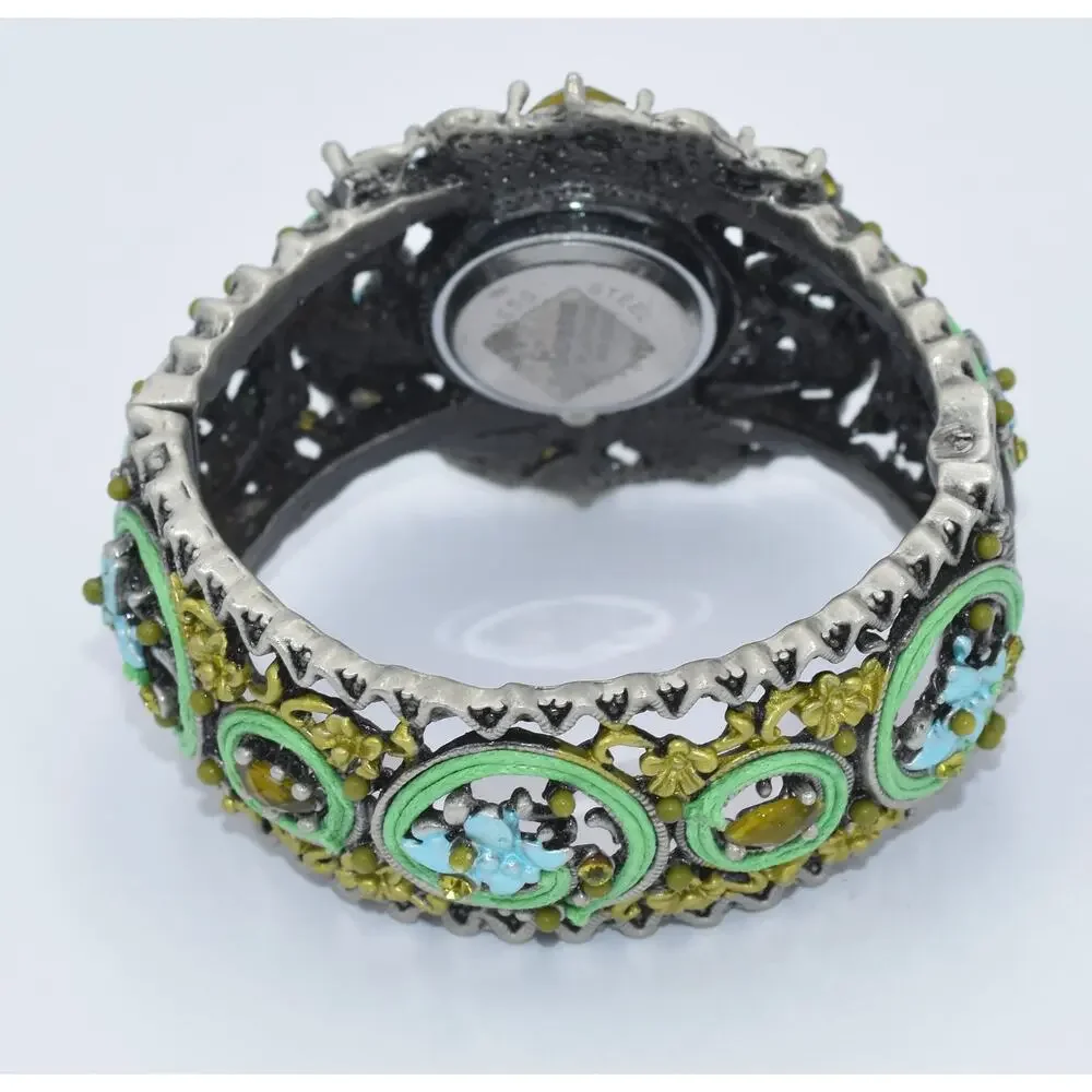 Geneva Couture Ribbon Soutache & Crystal Ornate Quartz Cuff Watch NEW BATTERY